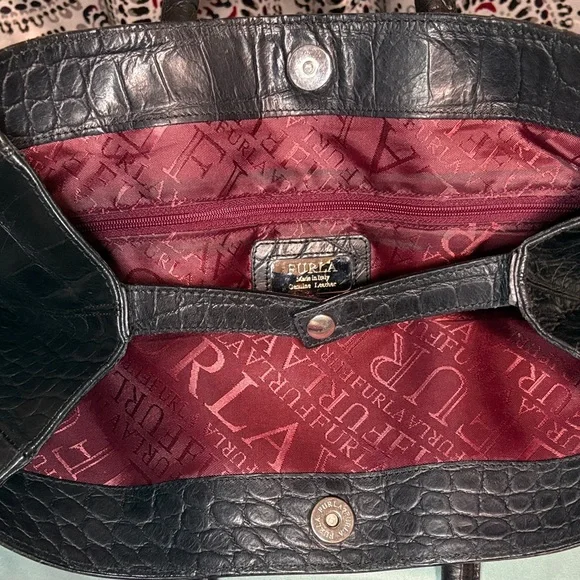 Furla Black Croc Embossed Leather Tote Bag Large Shoulder Bag Made in Italy EUC
